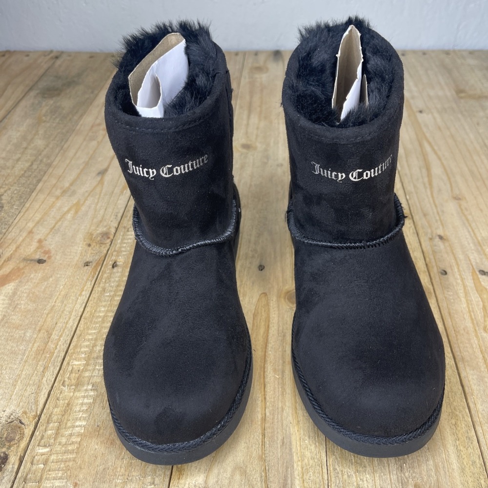 Juicy Couture JC Kayte Boots Womens 7 Black Faux Fur Studded Short